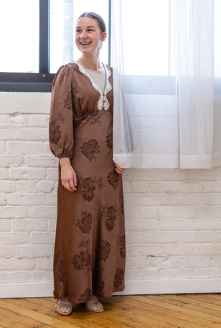 Fall is Here Brown Satin Floral Dress with Lace Trim