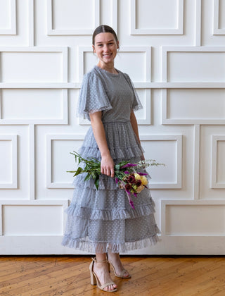 Silver Polka Dot Tulle Midi Dress