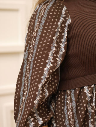 The Charming Brown Floral Striped Sweater Dress