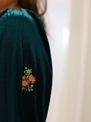 Emerald Velvet Floral Midi Dress