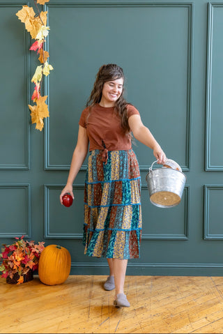 Teal and Brown Patchwork Midi Skirt