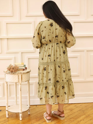 Olive Leaf Print Smocked Midi Dress