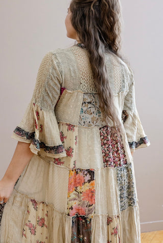 Boho Latte and floral Lace Patchwork Midi Dress
