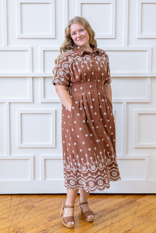 Mocha Embroidered Pleated Midi Dress