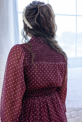 Wine Collared Polka Dot Midi Dress
