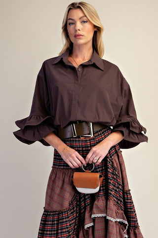 Chocolate Brown Collared Top with Flutter Cuffed Sleeve