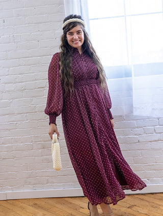 Wine Collared Polka Dot Midi Dress