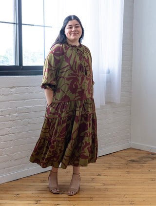 Burgundy and Olive Satin Maxi Dress