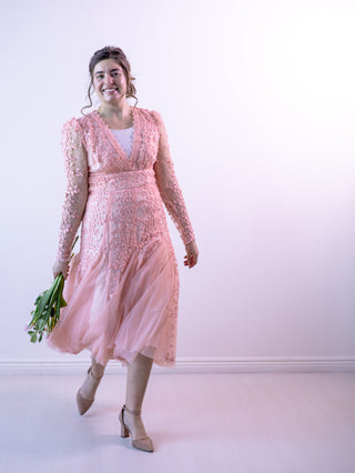 Pretty in Pink Vintage Lace Appliqué and Tulle Midi Dress