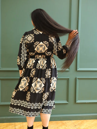 Gold and Black Tile Print Dress with Zipper Detail