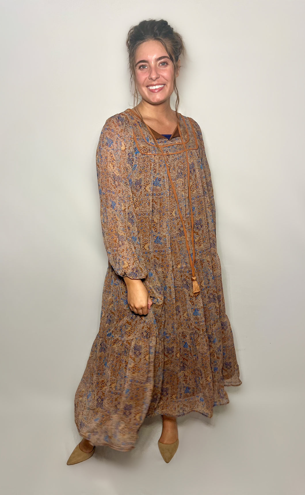 Autumn Days Vintage Floral Piping Midi Dress