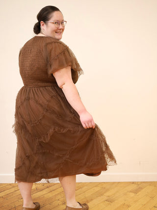 Dark Brown Swiss Dot Tulle Midi Dress