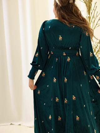 Emerald Velvet Floral Midi Dress