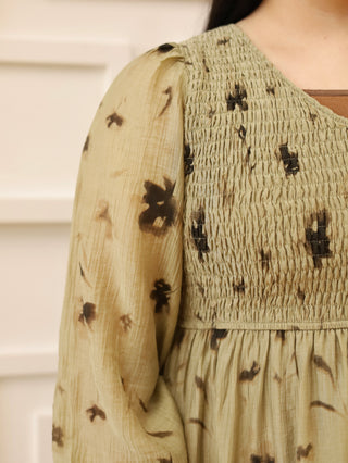 Olive Leaf Print Smocked Midi Dress