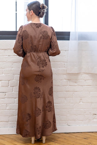 Fall is Here Brown Satin Floral Dress with Lace Trim