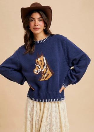 Navy Vintage Horse Head Motif Sweater