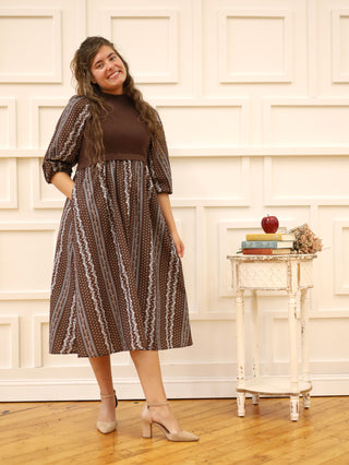 The Charming Brown Floral Striped Sweater Dress