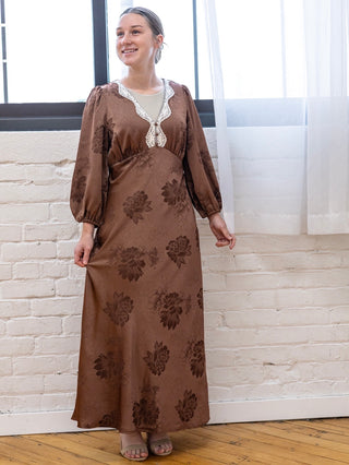 Fall is Here Brown Satin Floral Dress with Lace Trim