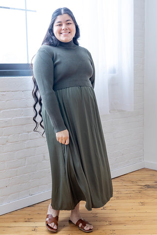 Olive Satin Sweater Top Dress