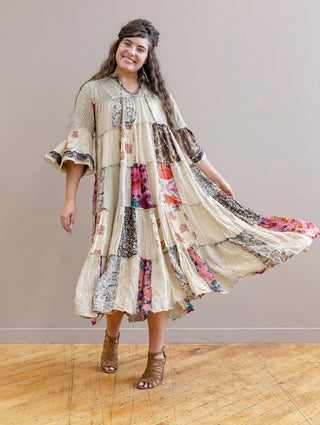 Boho Latte and floral Lace Patchwork Midi Dress