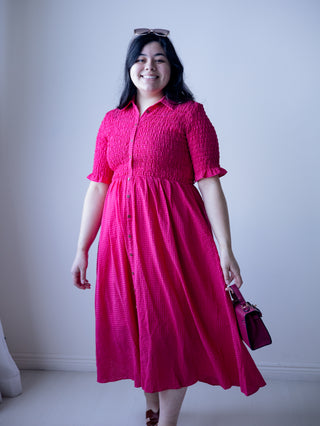 Pink and Red Gingham Smocked Midi Dress