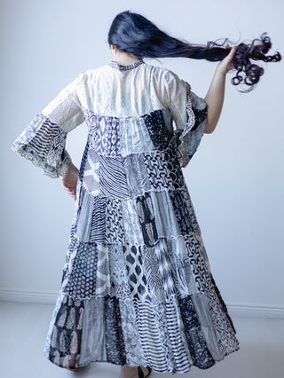 Boho Black and Cream Lace Patchwork Midi Dress