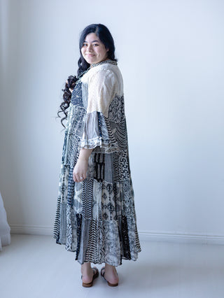 Boho Black and Cream Lace Patchwork Midi Dress