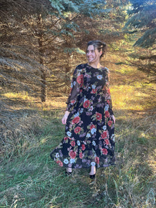 Black Floral Cut Out Chiffon Midi Dress