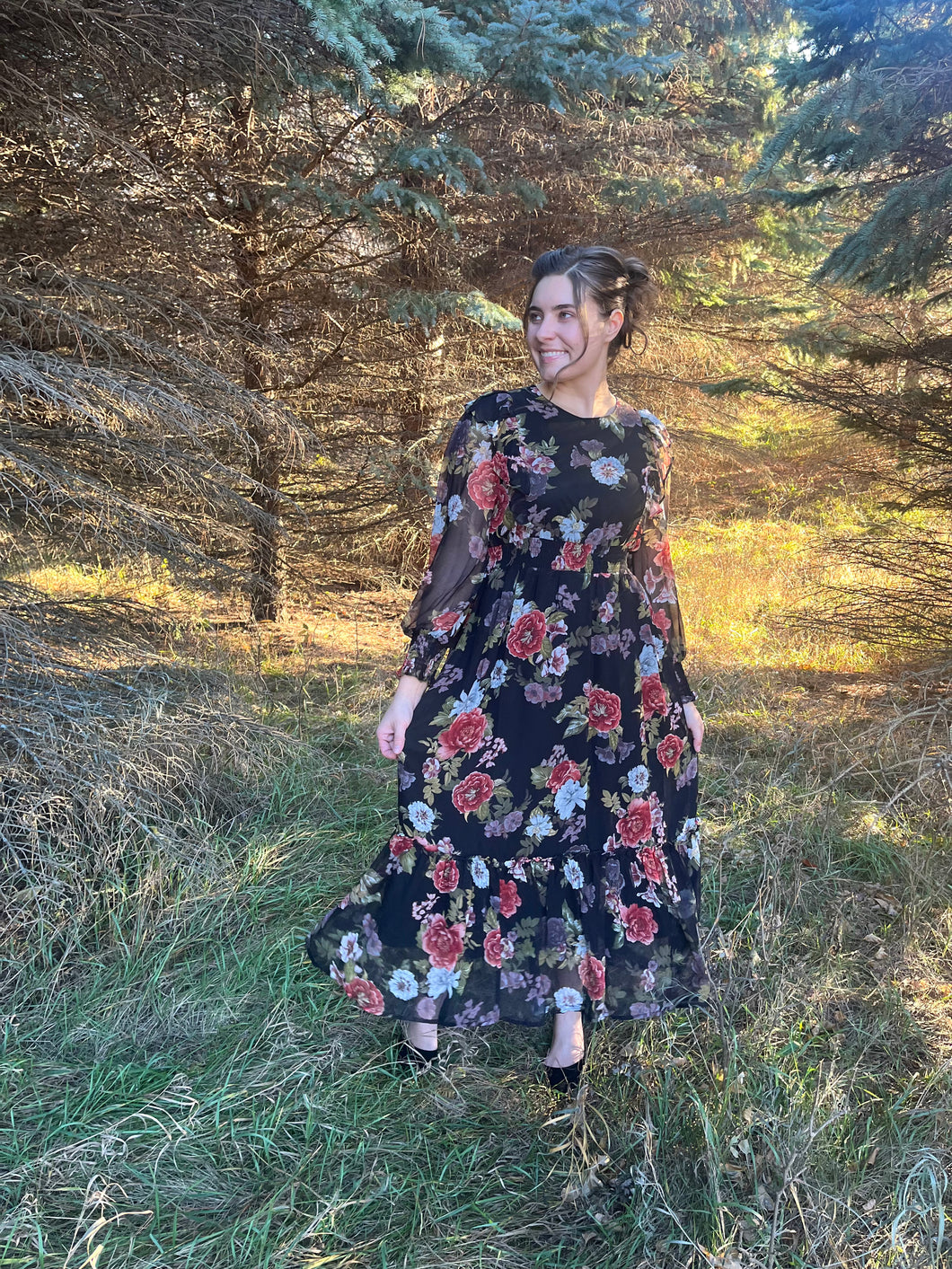 Black Floral Cut Out Chiffon Midi Dress