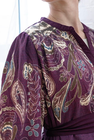 Paisley Plum Midi Dress with Belt