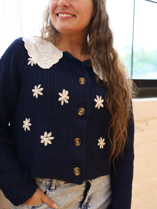 Navy Collared Sweater with Embroidered Flower Detail