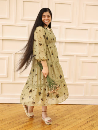 Olive Leaf Print Smocked Midi Dress