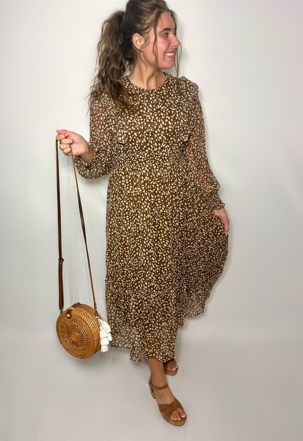 Brown Leopard Chiffon Ruffle Midi Dress