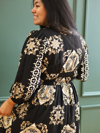 Gold and Black Tile Print Dress with Zipper Detail