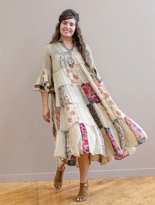 Boho Latte and floral Lace Patchwork Midi Dress