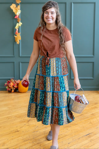 Teal and Brown Patchwork Midi Skirt