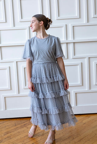 Silver Polka Dot Tulle Midi Dress