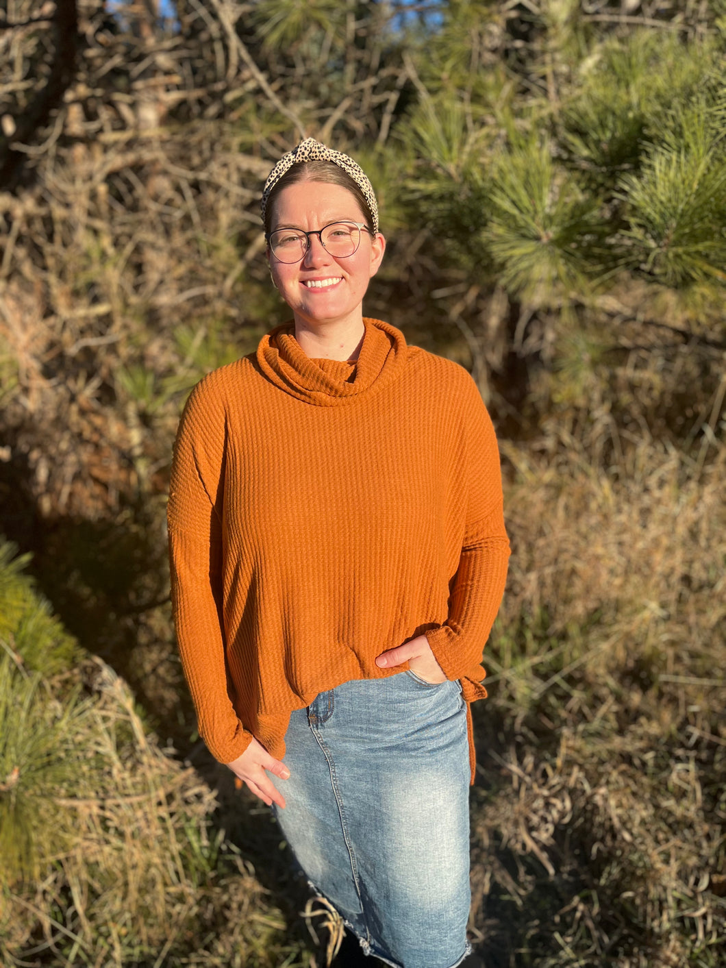 Burnt Orange Waffle Knit Turtleneck Sweater
