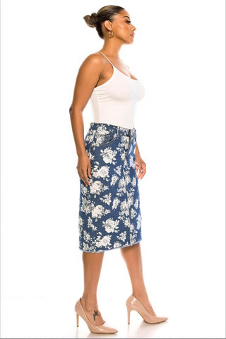 Rose Print Denim Midi Skirt