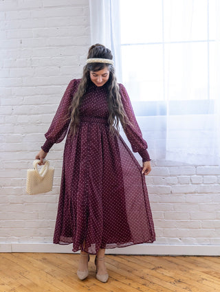 Wine Collared Polka Dot Midi Dress