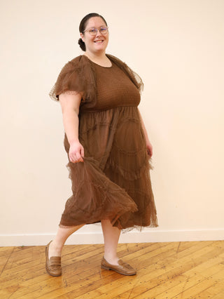 Dark Brown Swiss Dot Tulle Midi Dress