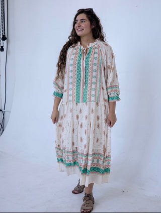 Beige and Teal Paisley Midi Dress