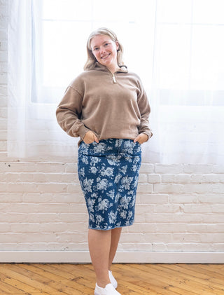 Rose Print Denim Midi Skirt