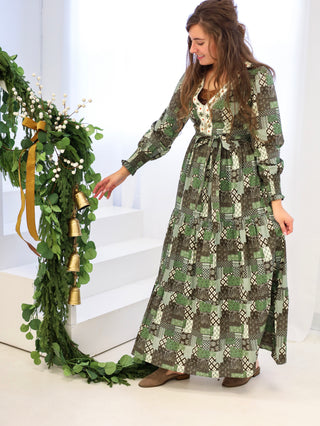 Vintage Christmas Olive Green Patchwork Dress