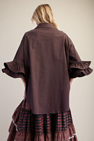 Chocolate Brown Collared Top with Flutter Cuffed Sleeve