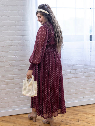 Wine Collared Polka Dot Midi Dress