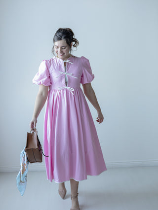 Pastel Pink and White Bow Midi Dress