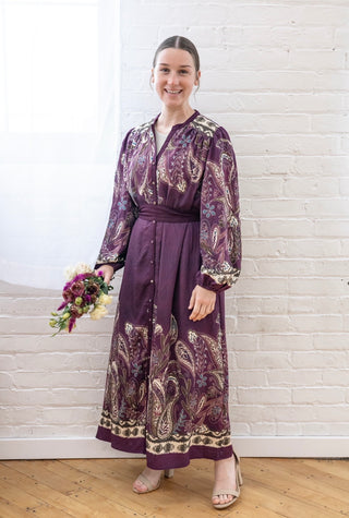Paisley Plum Midi Dress with Belt