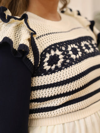 Berry Picking Navy and Cream Crochet Midi Dress