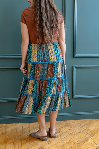 Teal and Brown Patchwork Midi Skirt